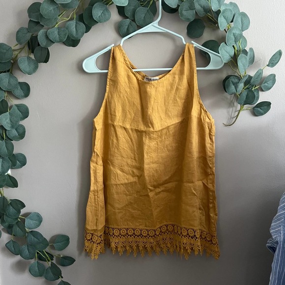 TERZO MILLENNO Made in Italy Yellow 100% Linen with crochet trim Size Small - Picture 1 of 6